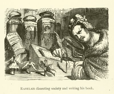 Rabelais ontleedt de samenleving en schrijft zijn boek door Gustave after Dore